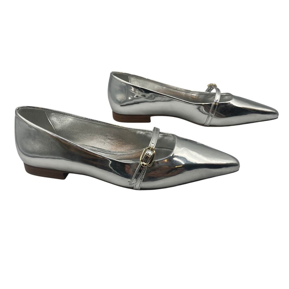 Larroude Mary Jane Ballet Flats Shoes Irene Pointed Toe Metallic Silver Size 6.5